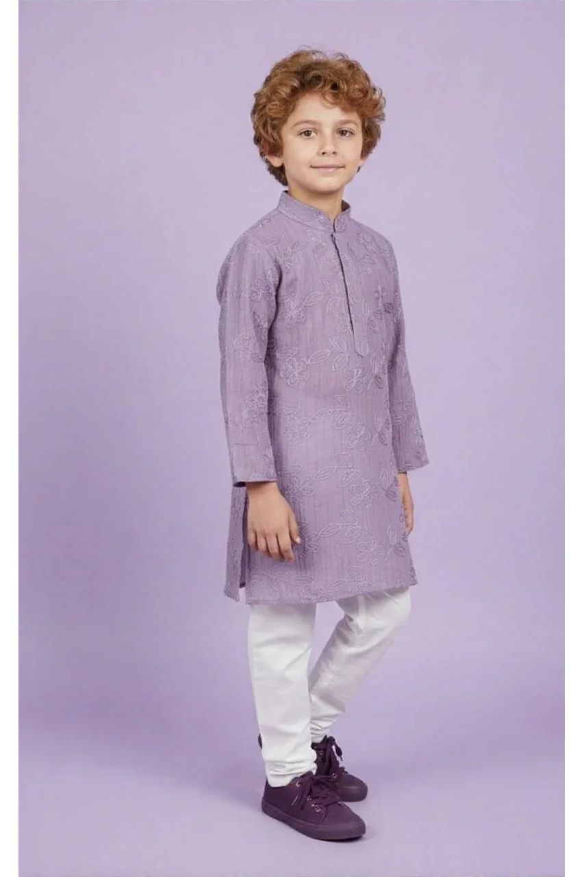 Lavender Embroidered Kurta Set for Boys - Mokshaa