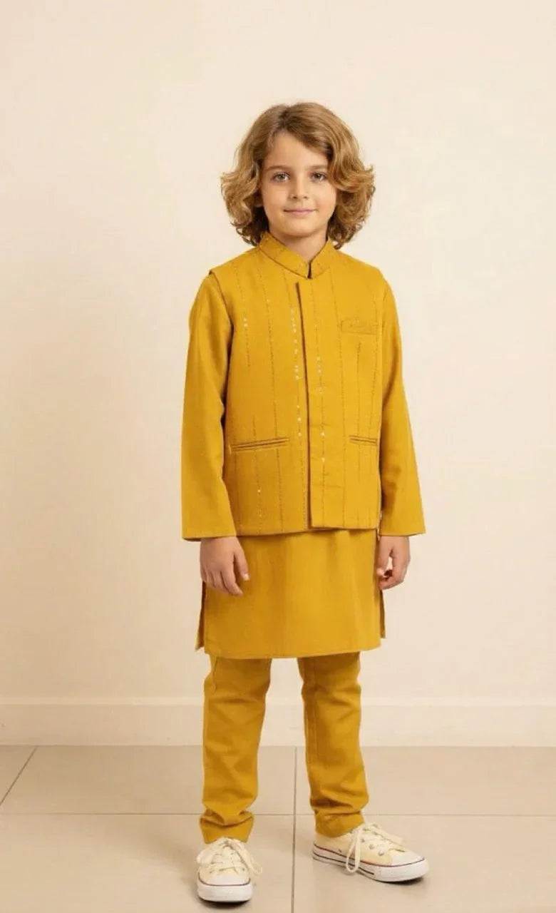 Mustard Kurta with Jacket & Pajama Set for Boys | Mokshaa