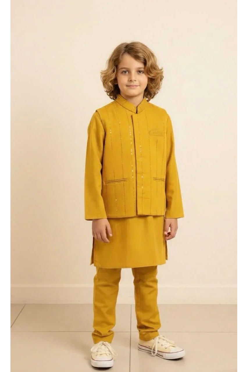 Mustard Kurta with Jacket & Pajama Set for Boys - Mokshaa