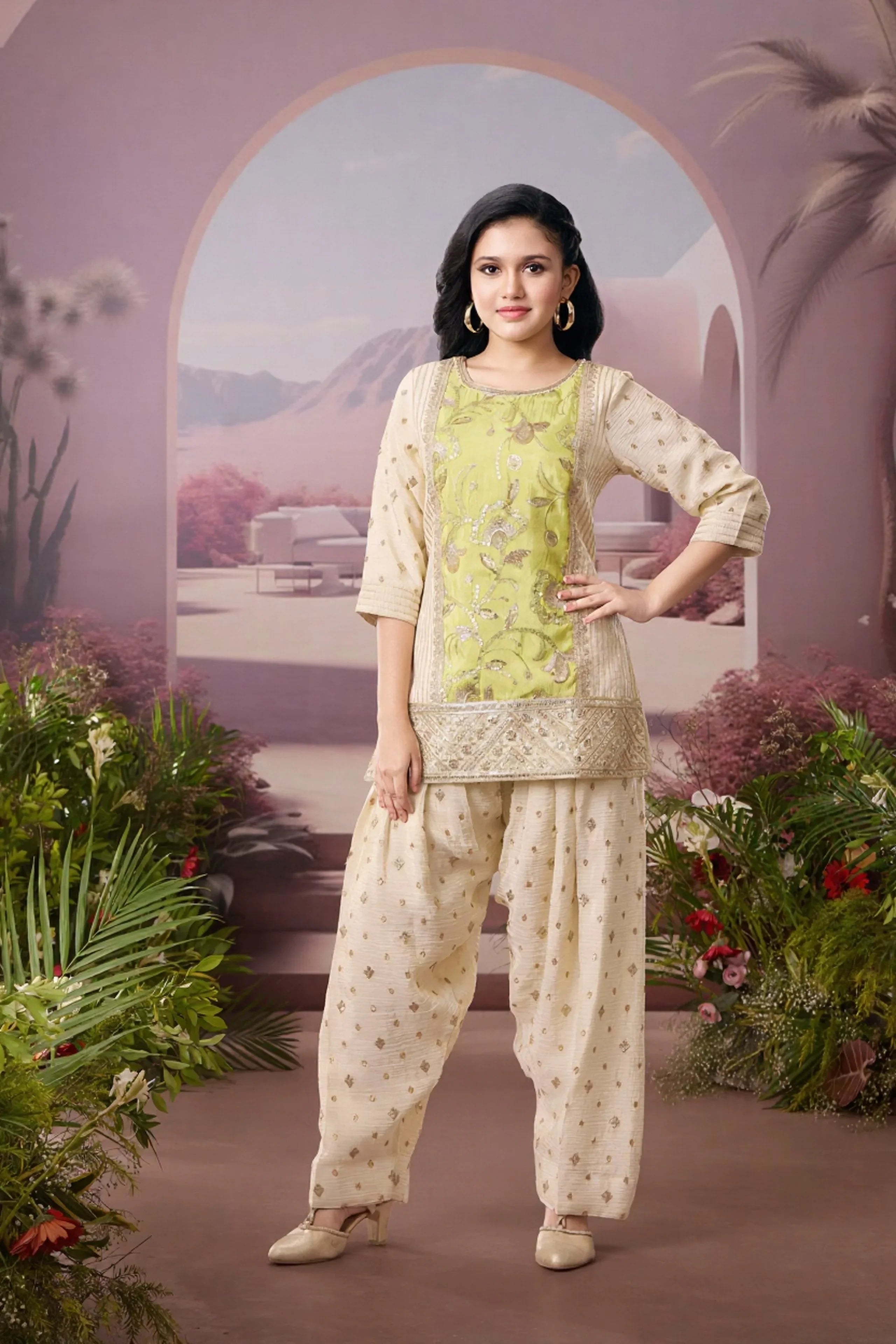 Lime Green & Ivory Kurti Pant Set | Mokshaa