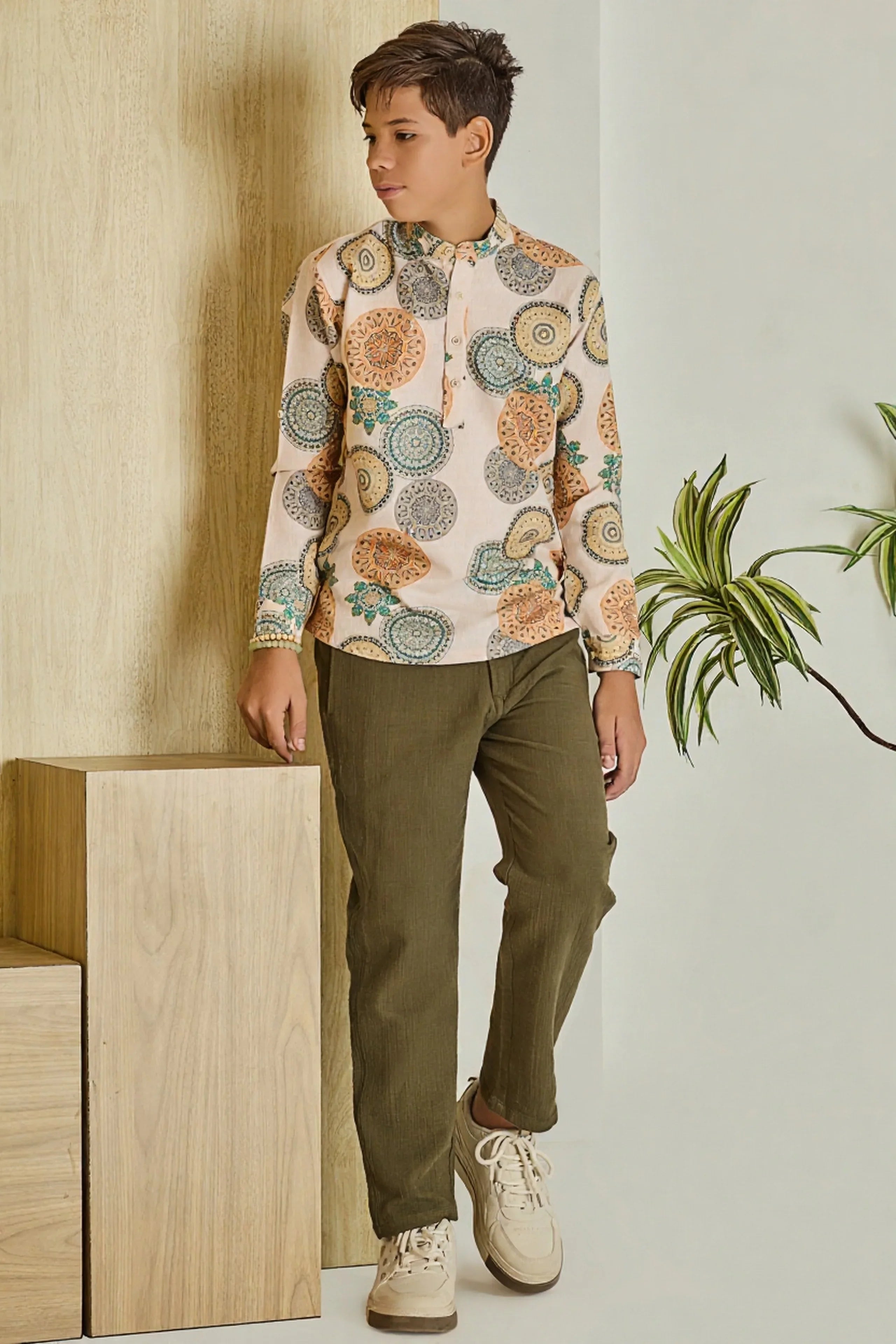 Natural Beige Printed Boys Short Kurta