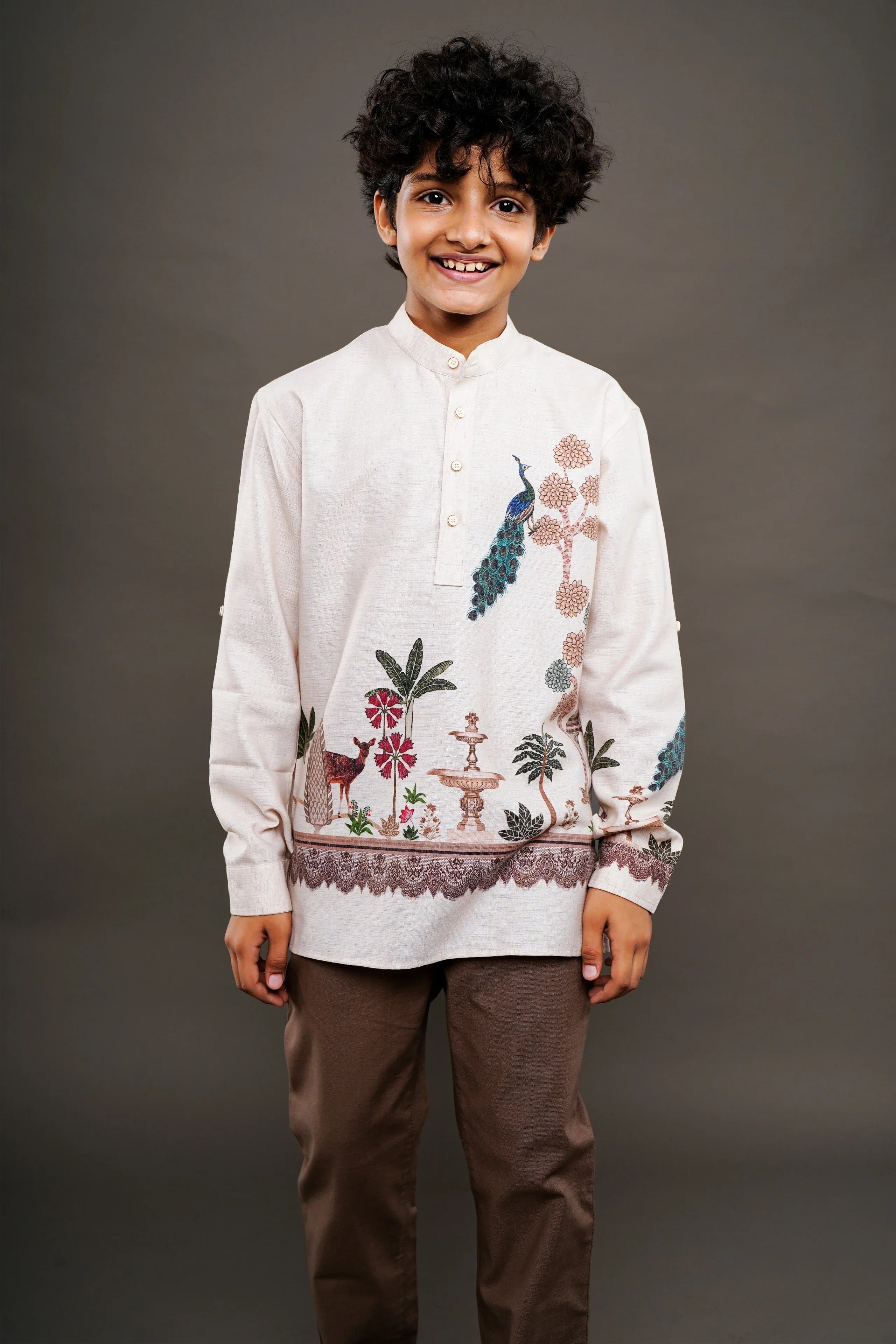 Ivory Garden Motif Printed Boys Kurta Shirt