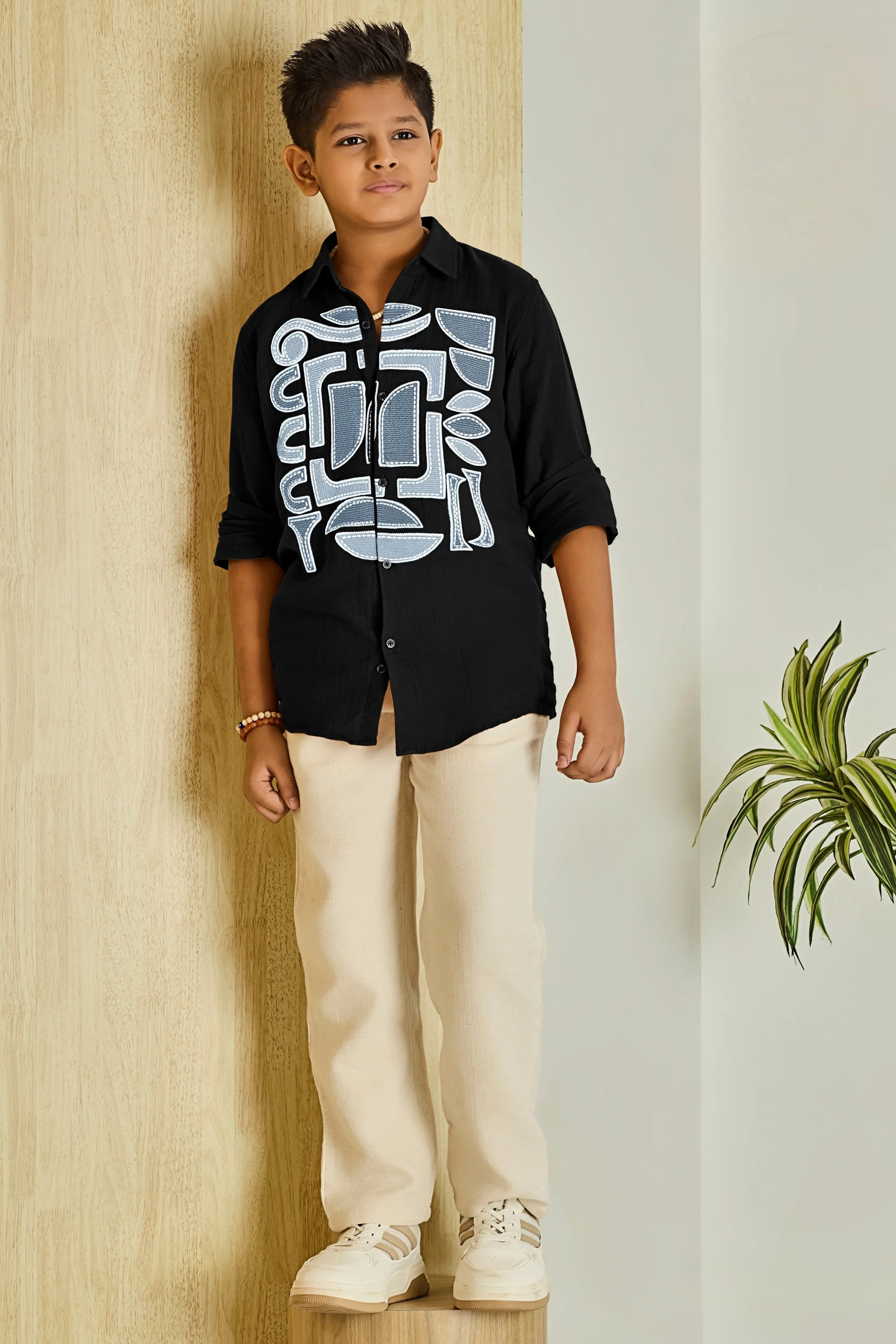 Black Tribal Motif Embroidered Cotton Boys Shirt