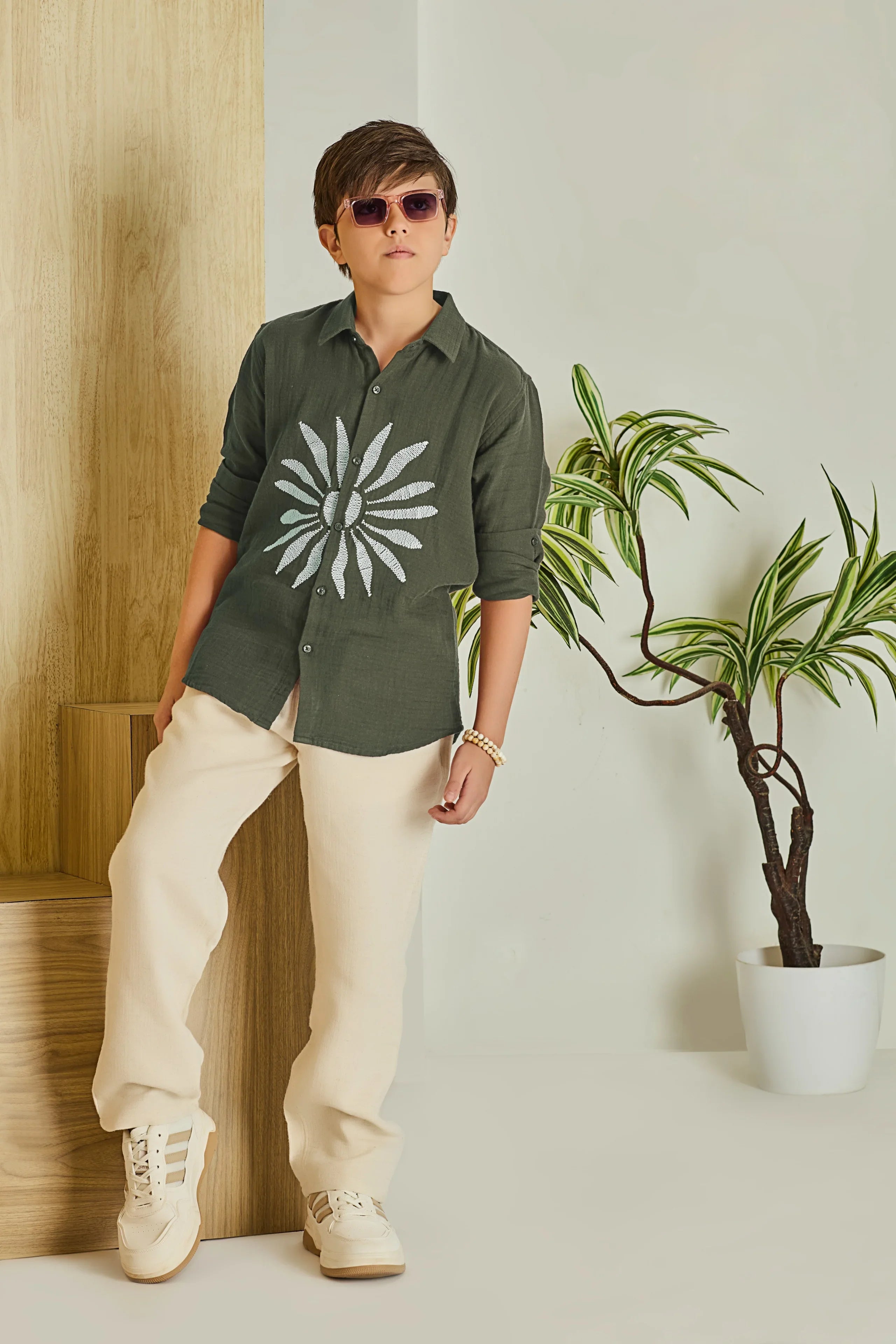 Olive Green Sunburst Embroidered Boys Shirt