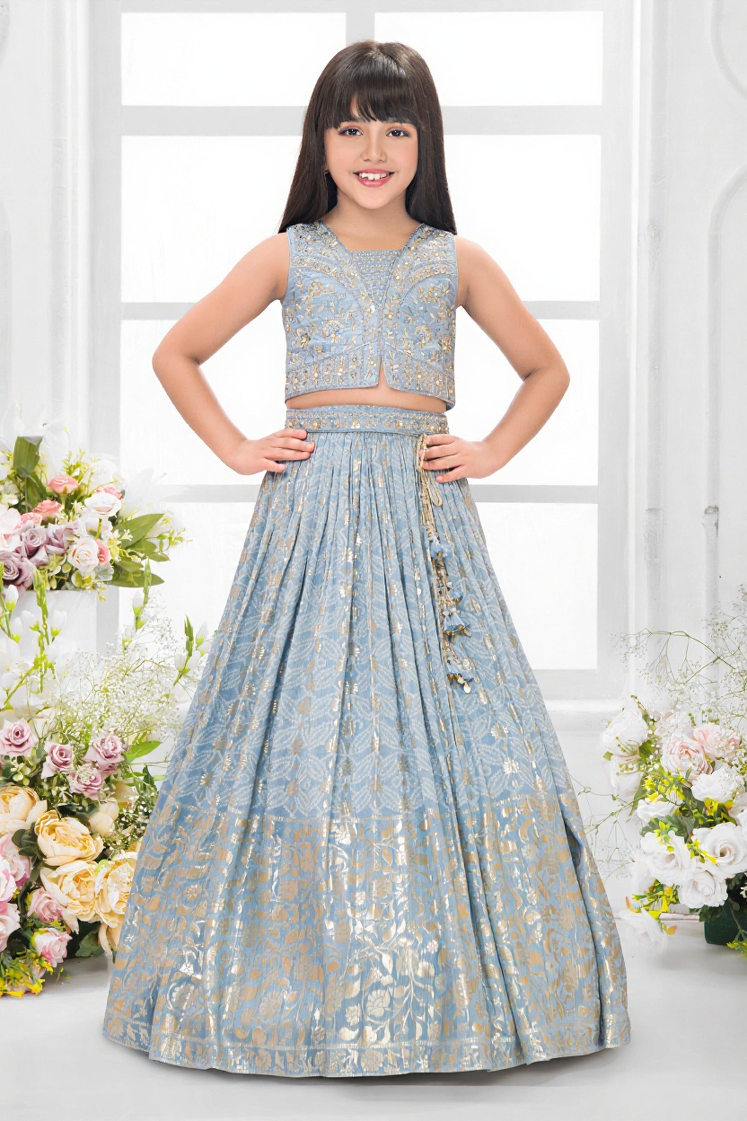 Pastel Blue Banarasi Lehenga Set for Girls