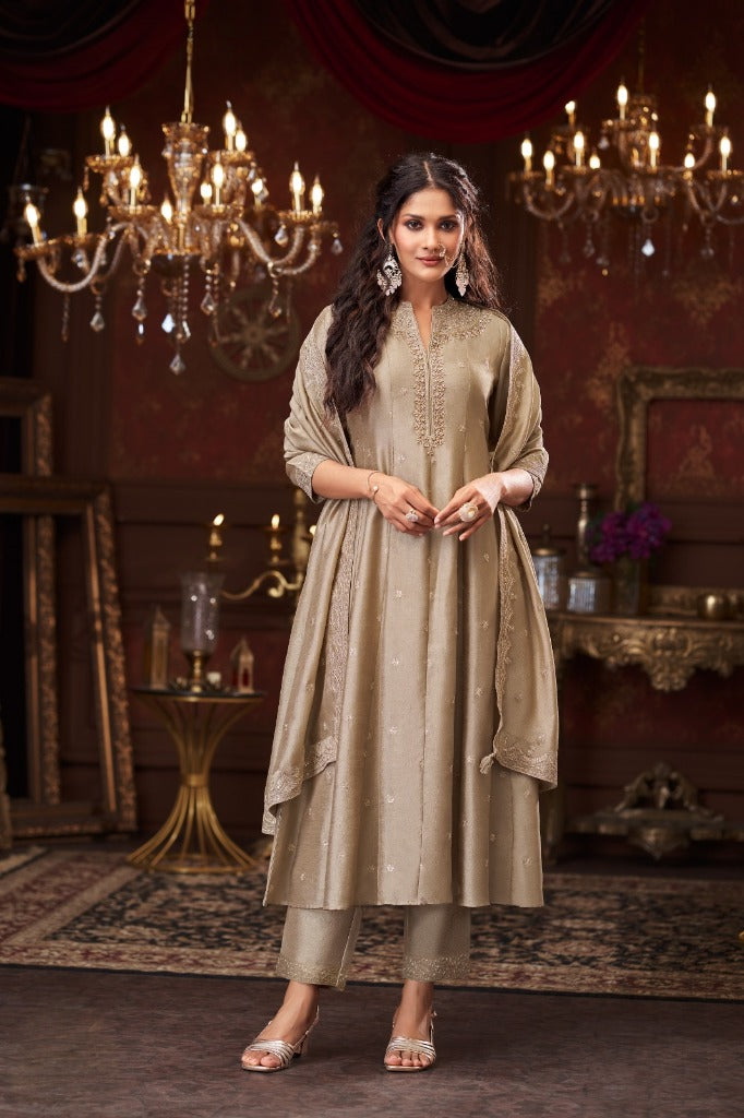 white christmas dresses Beige Silk Short Anarkali Set with Gold Embroidery