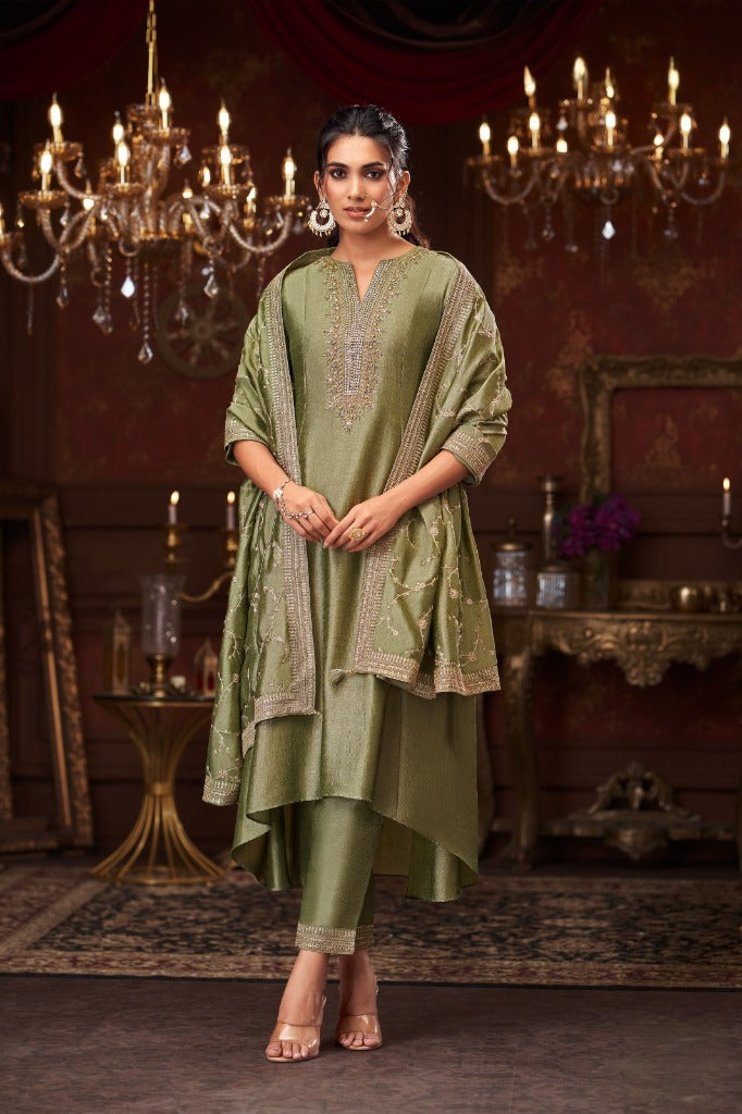 Olive Green Silk Short Anarkali Set with Embroidered Dupatta