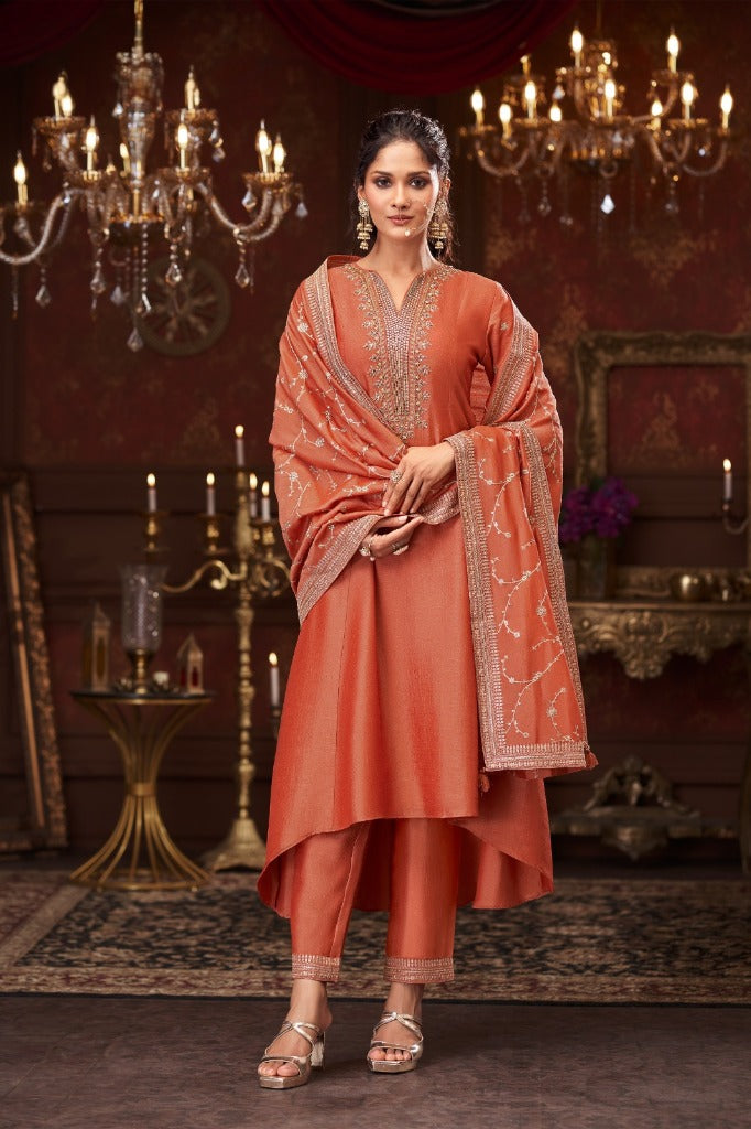 Rust Silk Short Anarkali Set with Embroidered Dupatta