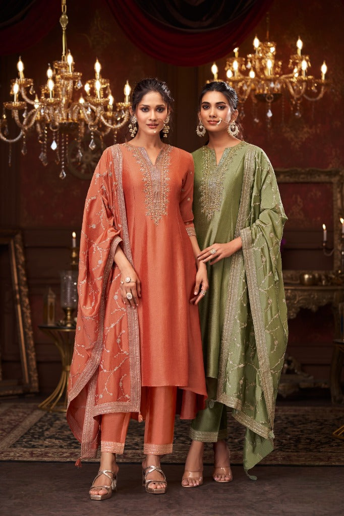 Rust Silk Short Anarkali Set with Embroidered Dupatta