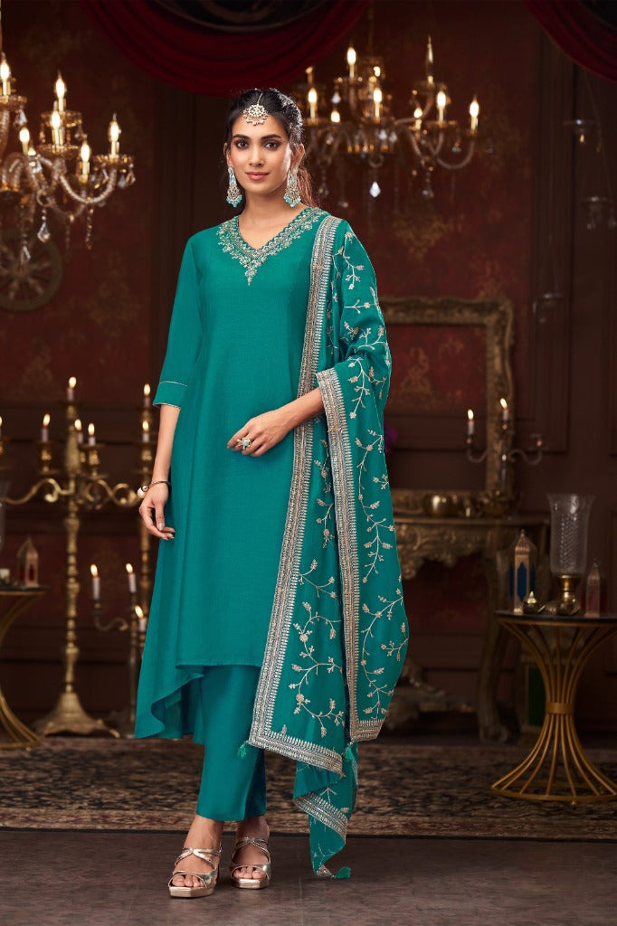 Teal Silk Short Anarkali Set with Embroidered Dupatta