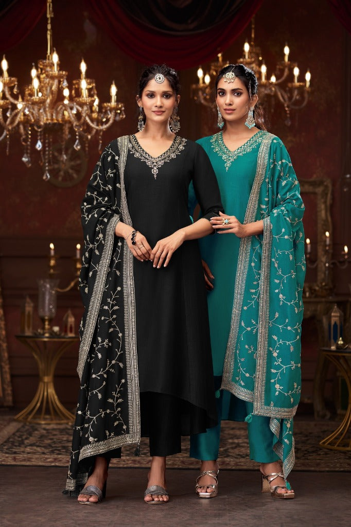 Teal Silk Short Anarkali Set with Embroidered Dupatta