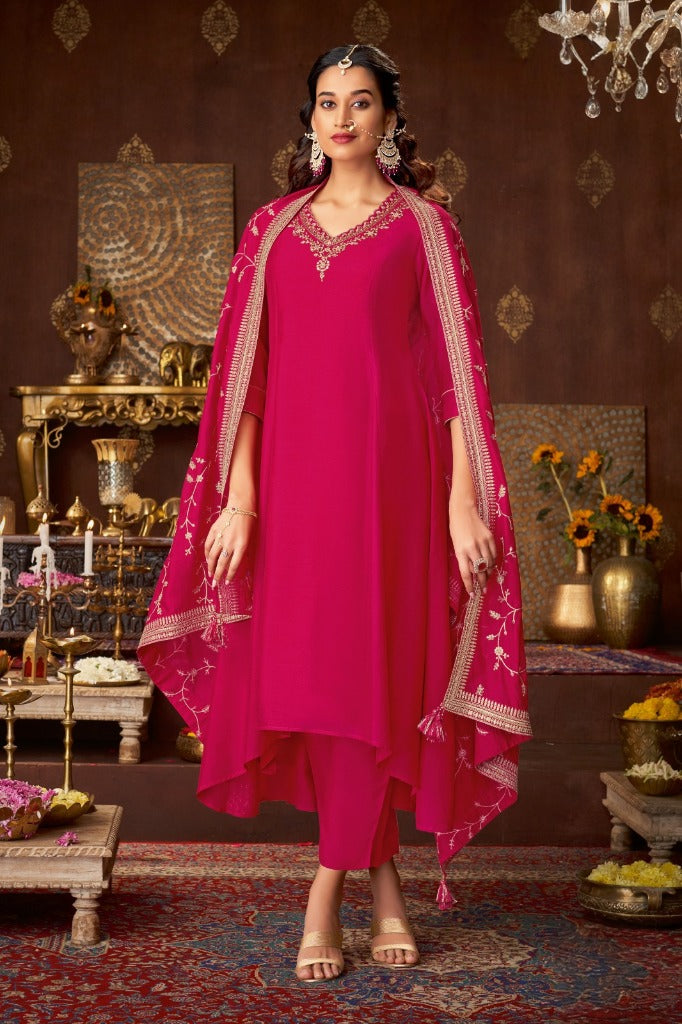 Magenta Silk Short Anarkali Set with Embroidered Dupatta