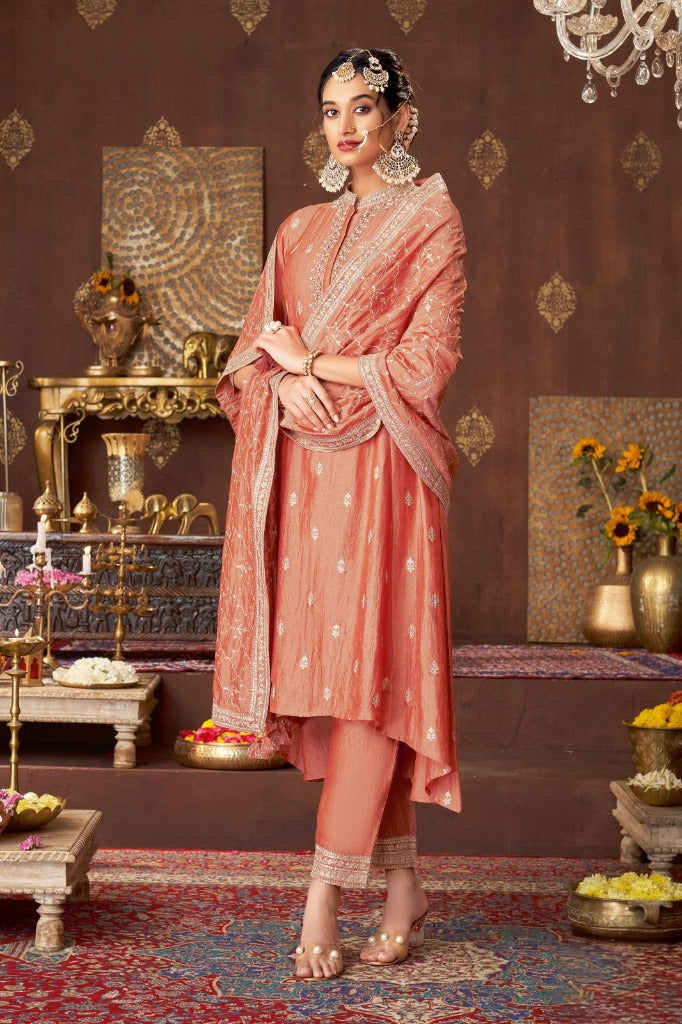 Peach Silk Short Anarkali Set with Embroidered Dupatta