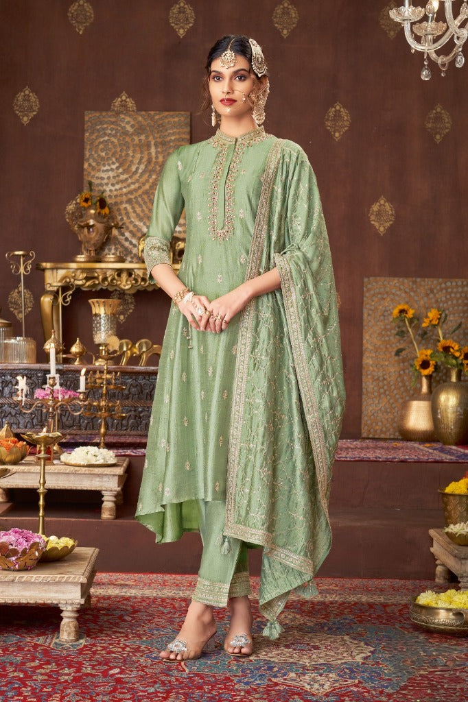 Sage Green Silk Short Anarkali Set with Embroidered Dupatta