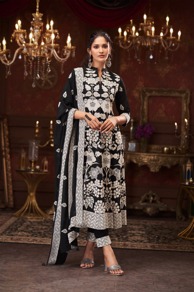 Black & Ivory Georgette Short Anarkali Set with Dupatta