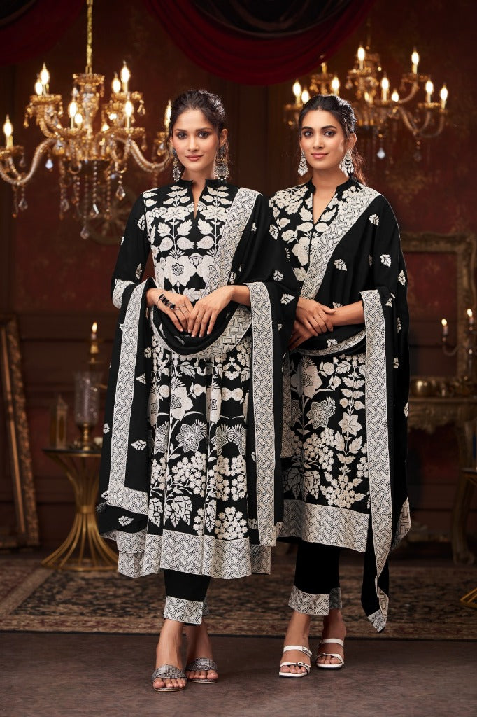 Black & Ivory Georgette Short Anarkali Set with Dupatta