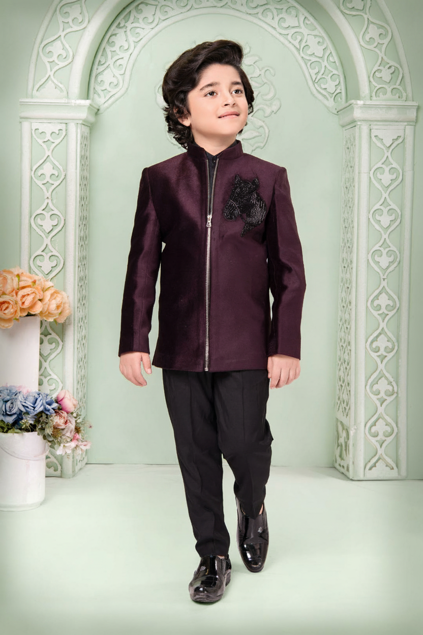 Boy’s Wine Velvet Formal Indo-western with Beaded Horse Motif