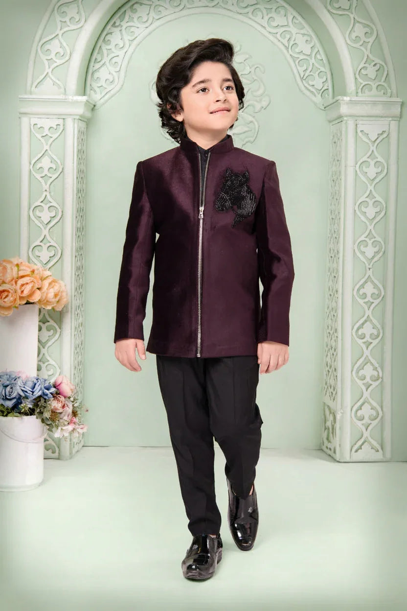 Boy’s Wine Velvet Formal Indo-western with Beaded Horse Motif | Mokshaa