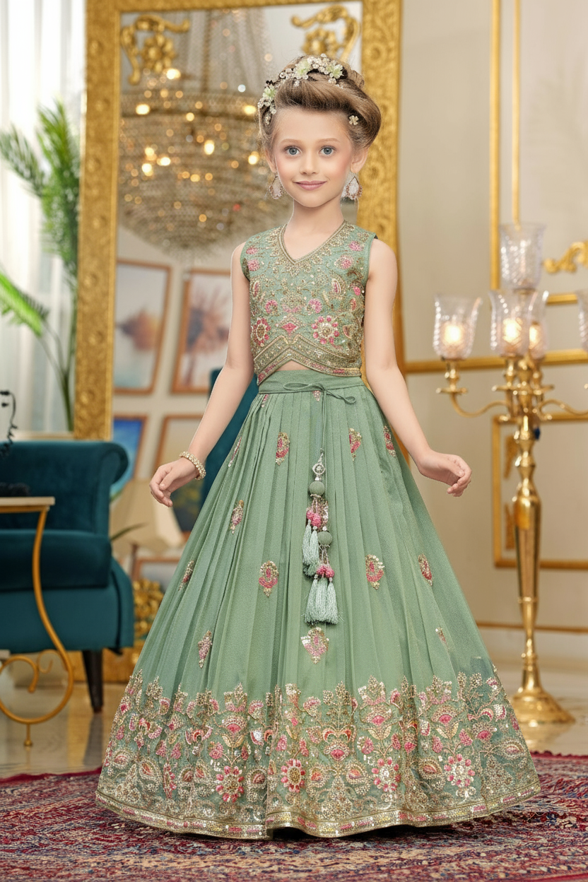 Sage Green Embroidered Lehenga Set for Girls