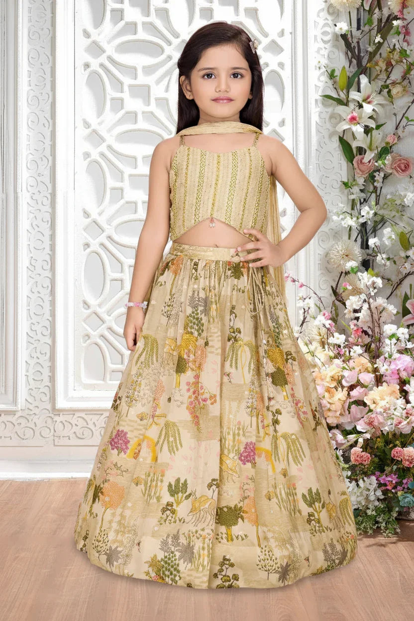 Girls Fawn Printed Crop Top and Lehenga Set | Mokshaa