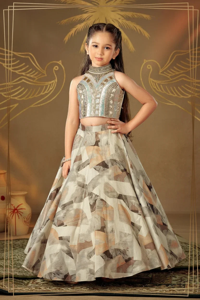 Beige Sequin Embellished Crop Top & Printed Lehenga Set for Girls | Mokshaa