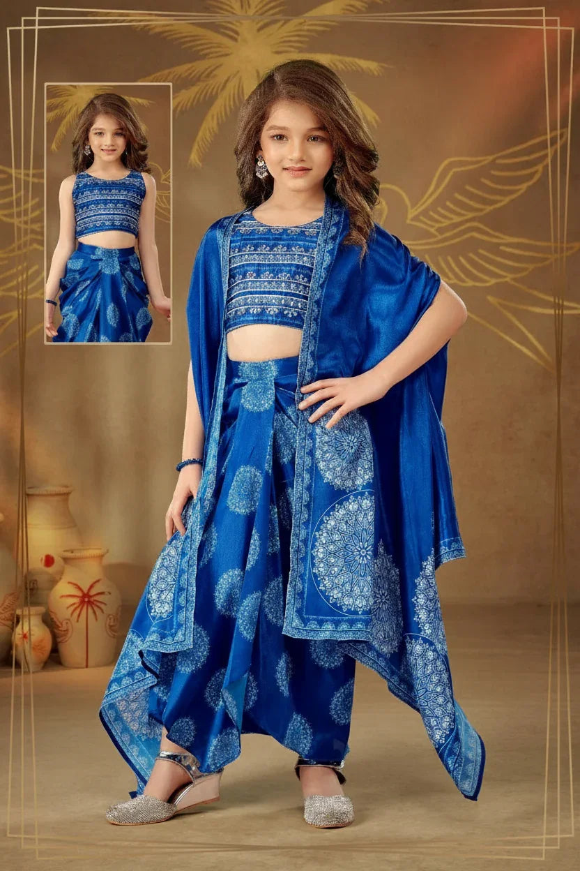 Royal Blue Printed Drape Dhoti Set for Girls | Mokshaa