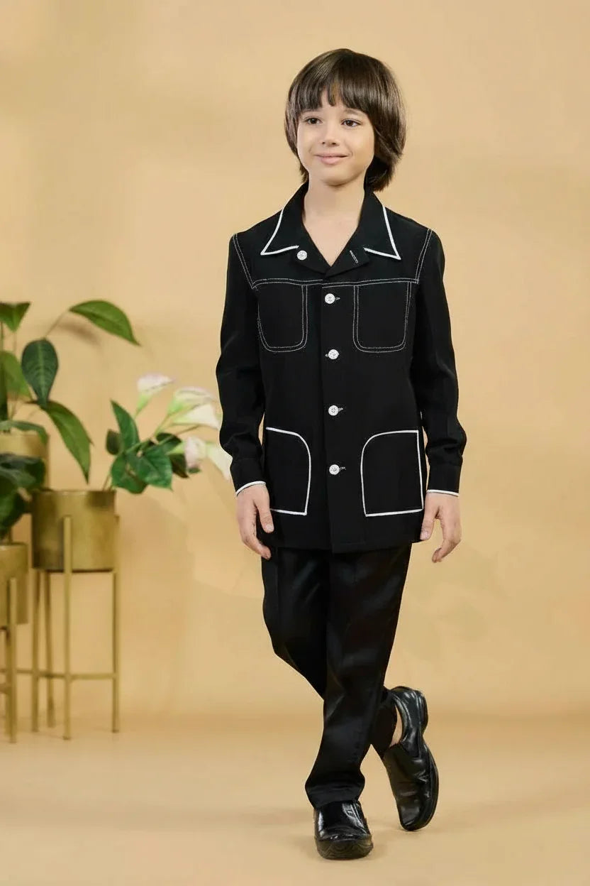 Black Contrast Stitch Shirt Set | Mokshaa