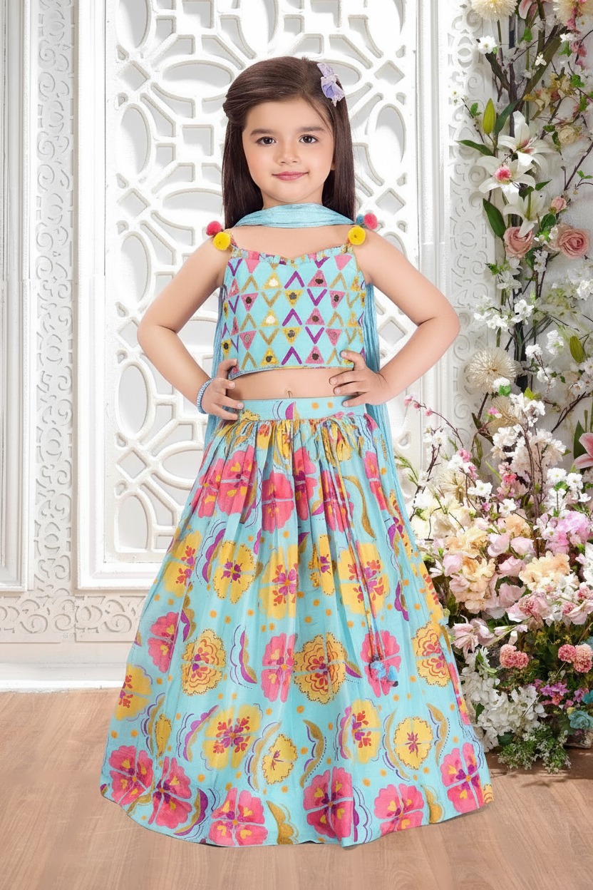 Sky Blue Printed Lehenga Set for Girls