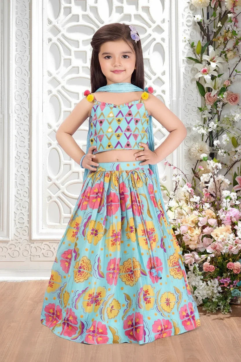 Sky Blue Printed Lehenga Set for Girls | Mokshaa