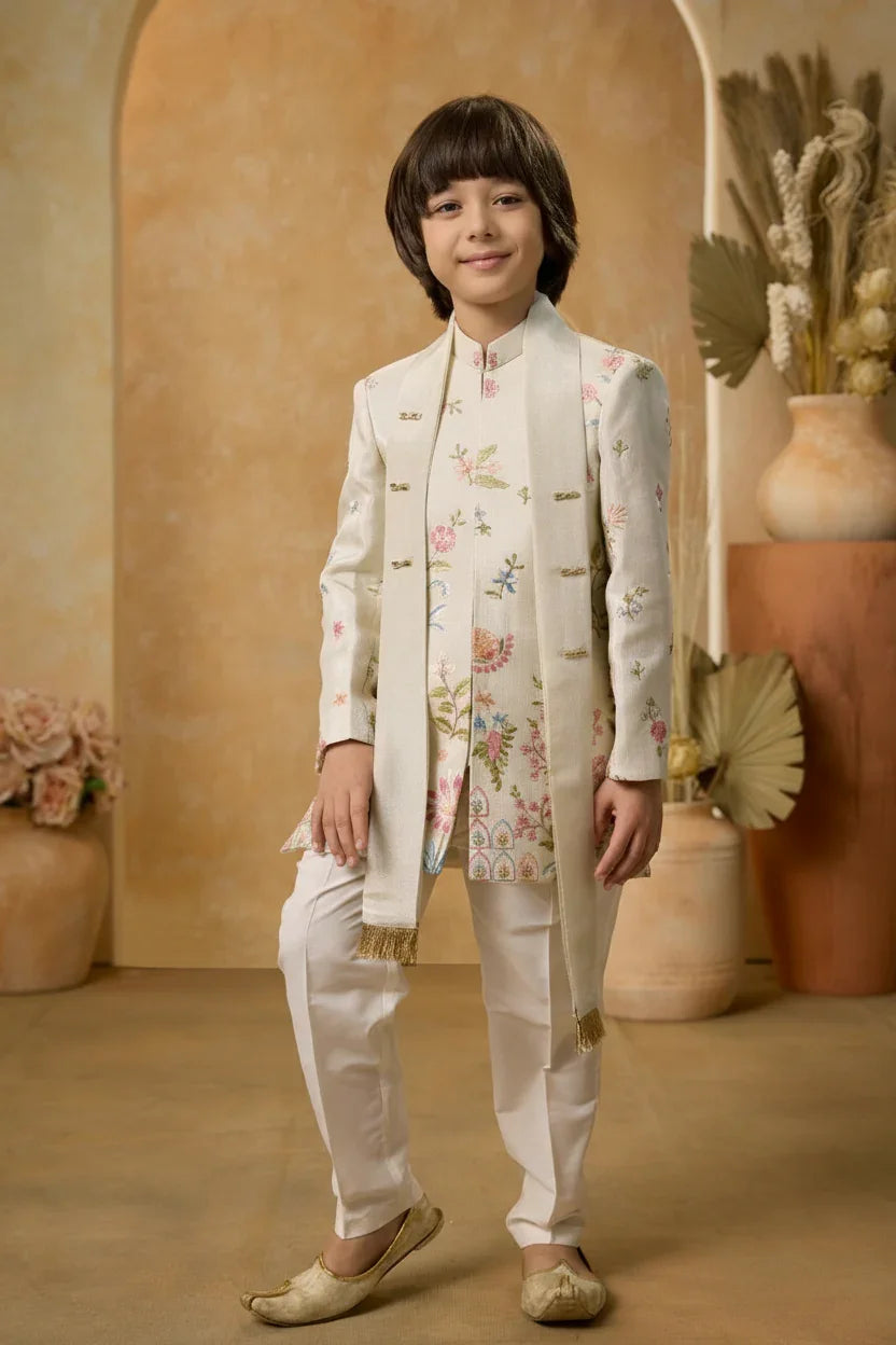 Ivory Embroidered Sherwani Set for Boys | Mokshaa