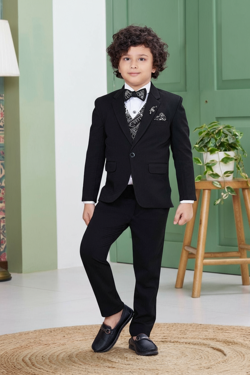 Boys Premium Black Tuxedo Suit Set with Printed Waistcoat and Bow Tie