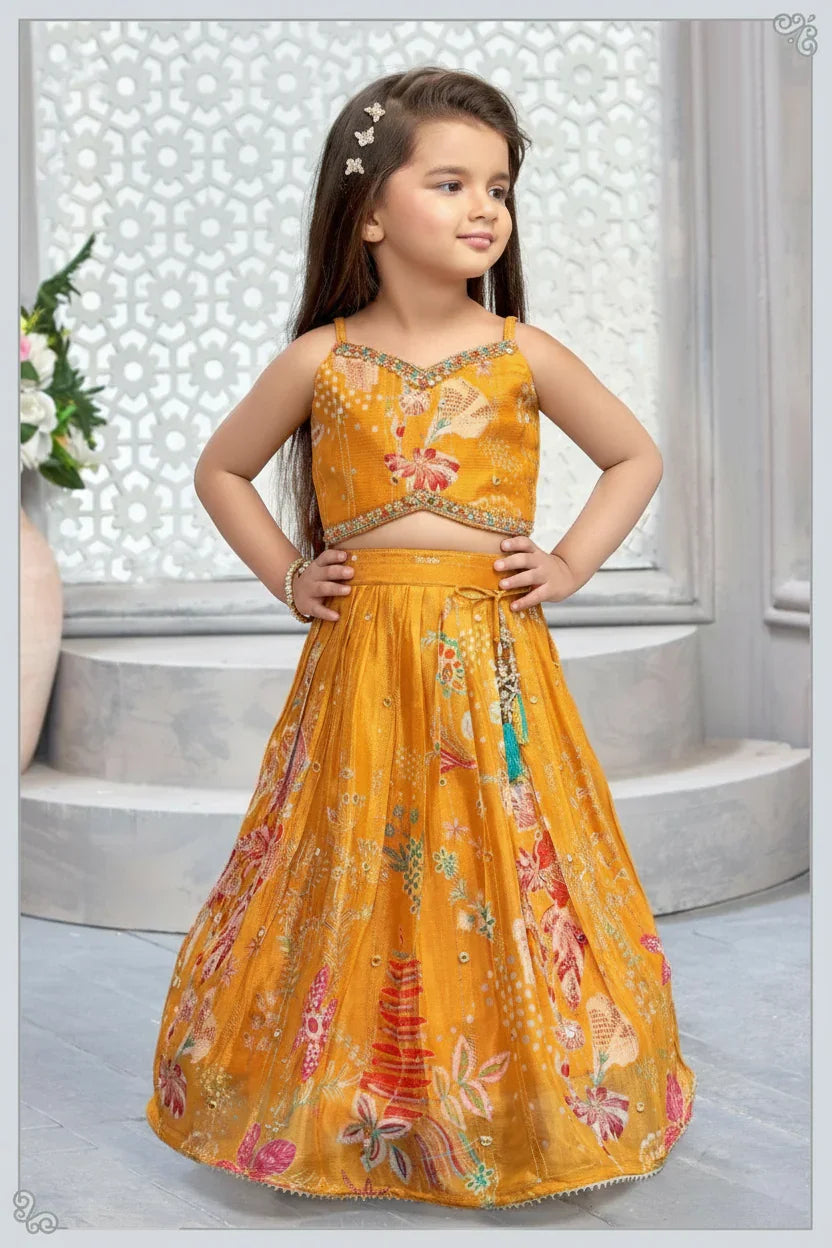 Mustard Yellow Printed Lehenga with Embroidered Blouse | Mokshaa