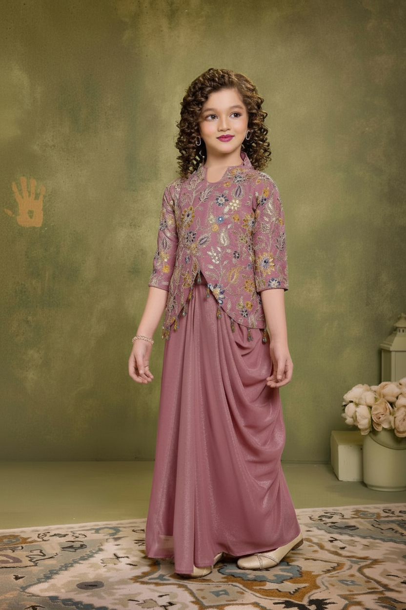 Mauve Embroidered Peplum Skirt Set for Girls