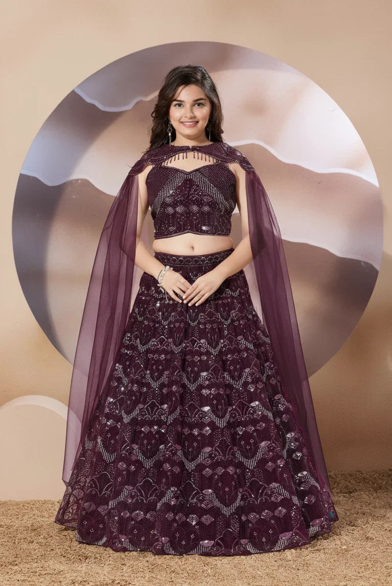 Girls Wine Embroidered Net Lehenga Set | Mokshaa
