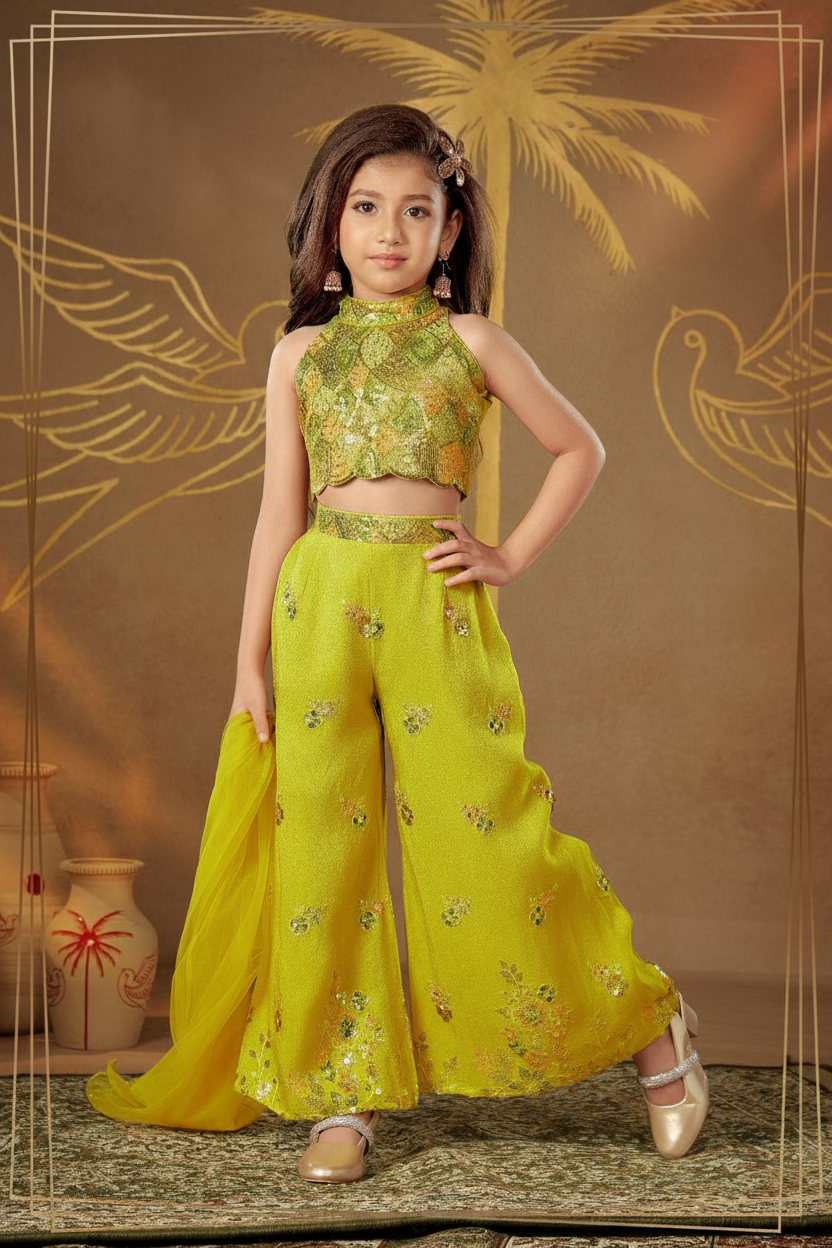 Lime Green Sequin Peplum Top & Palazzo Set for Girls