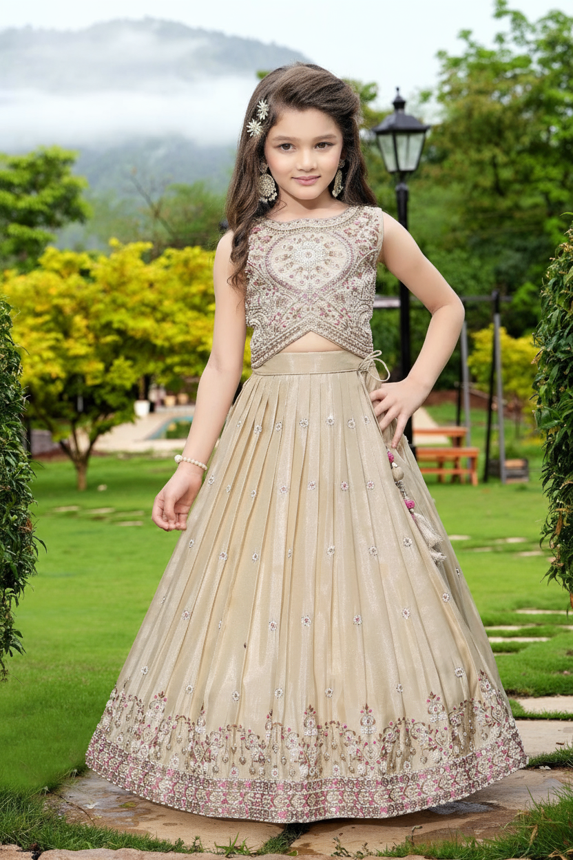 Cream Shimmer Embroidered Lehenga Set for Girls