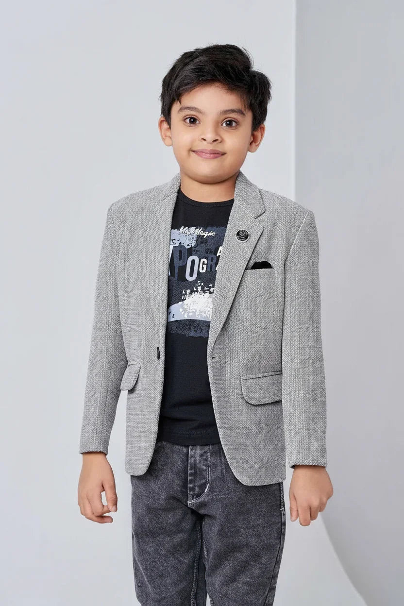 Grey Textured Blazer Set for Boys | Mokshaa