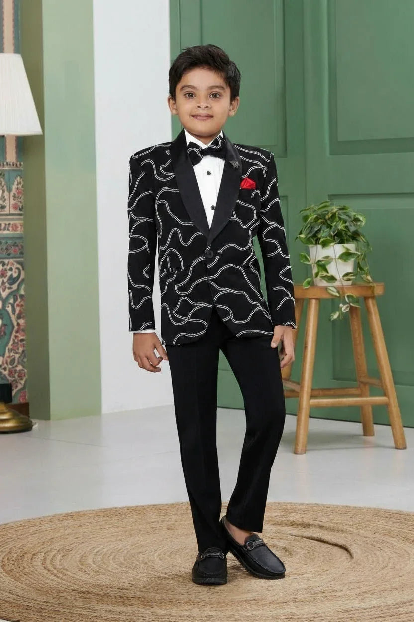 Boys Black Blazer Suit Set with Abstract Embroidery and Red Pocket Square | Mokshaa