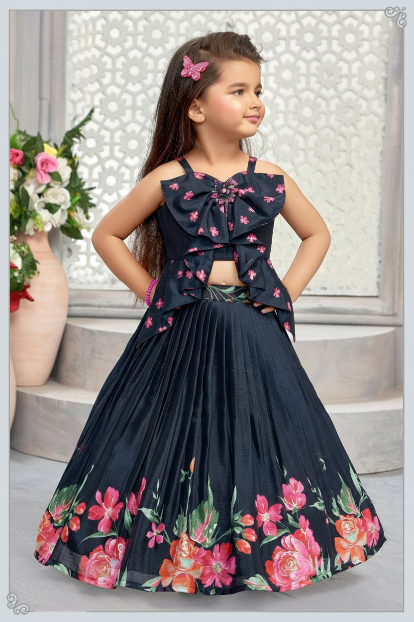 Deep Navy Blue Bow Top with Floral Printed Skirt