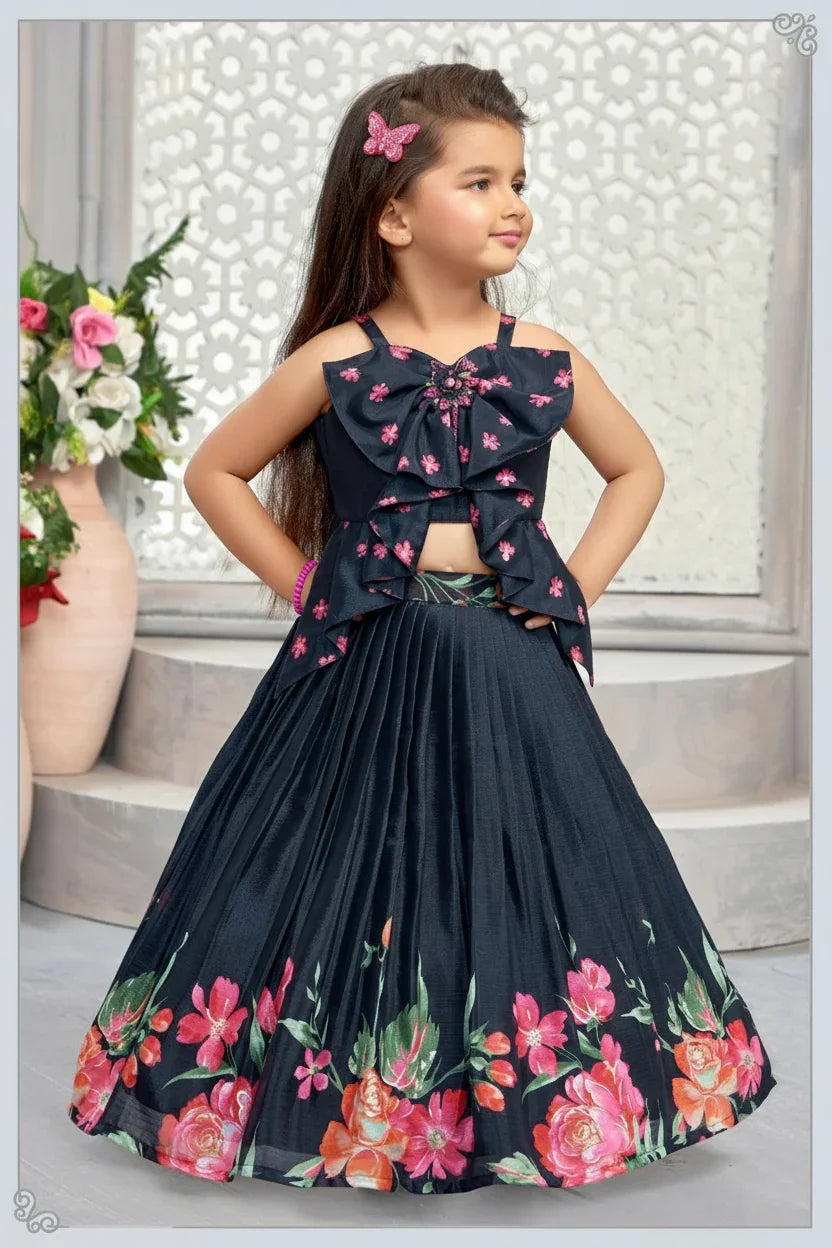 Deep Navy Blue Bow Top with Floral Printed Skirt | Mokshaa