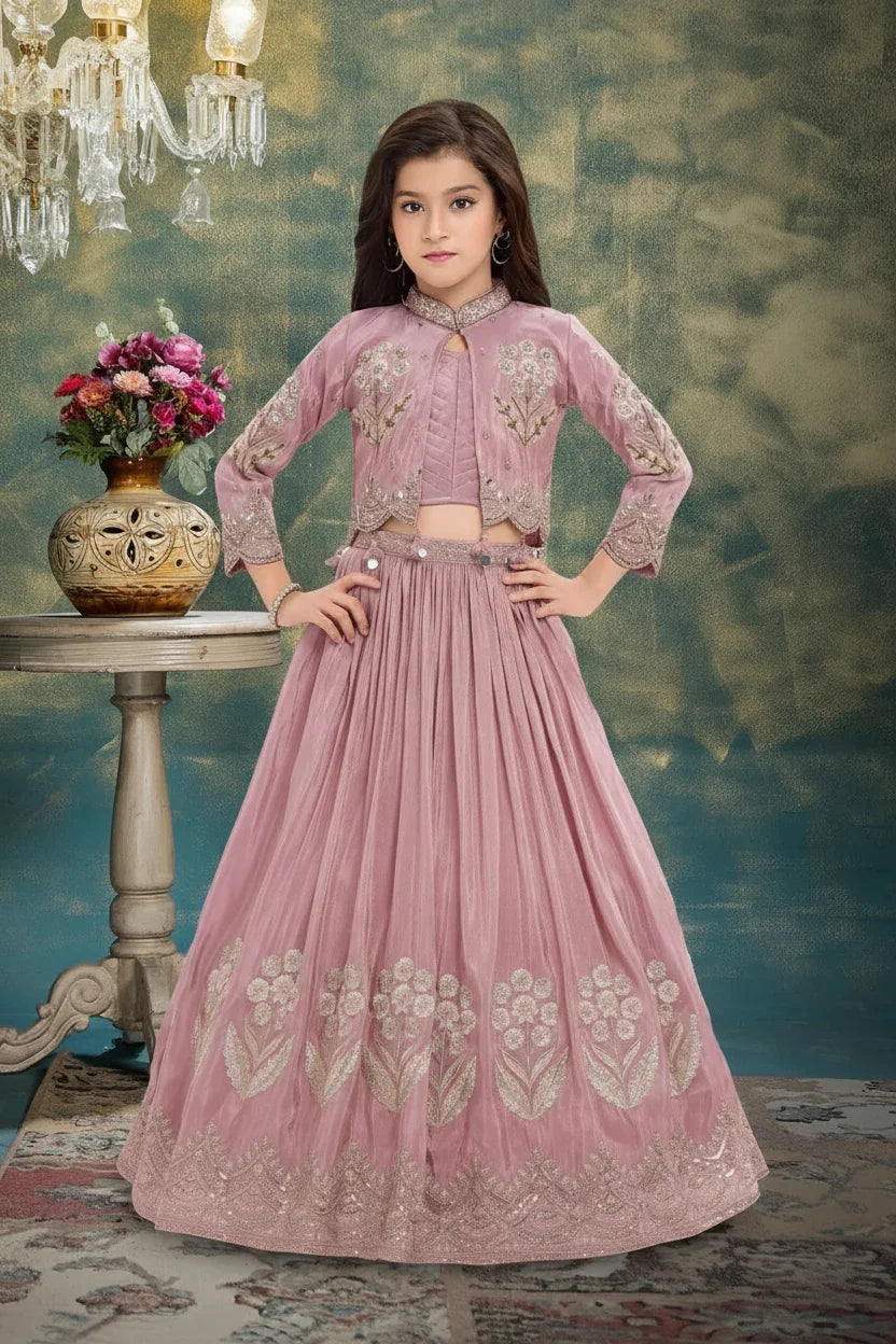 Dusty Pink Jacket Style Lehenga Set with Embroidery | Mokshaa