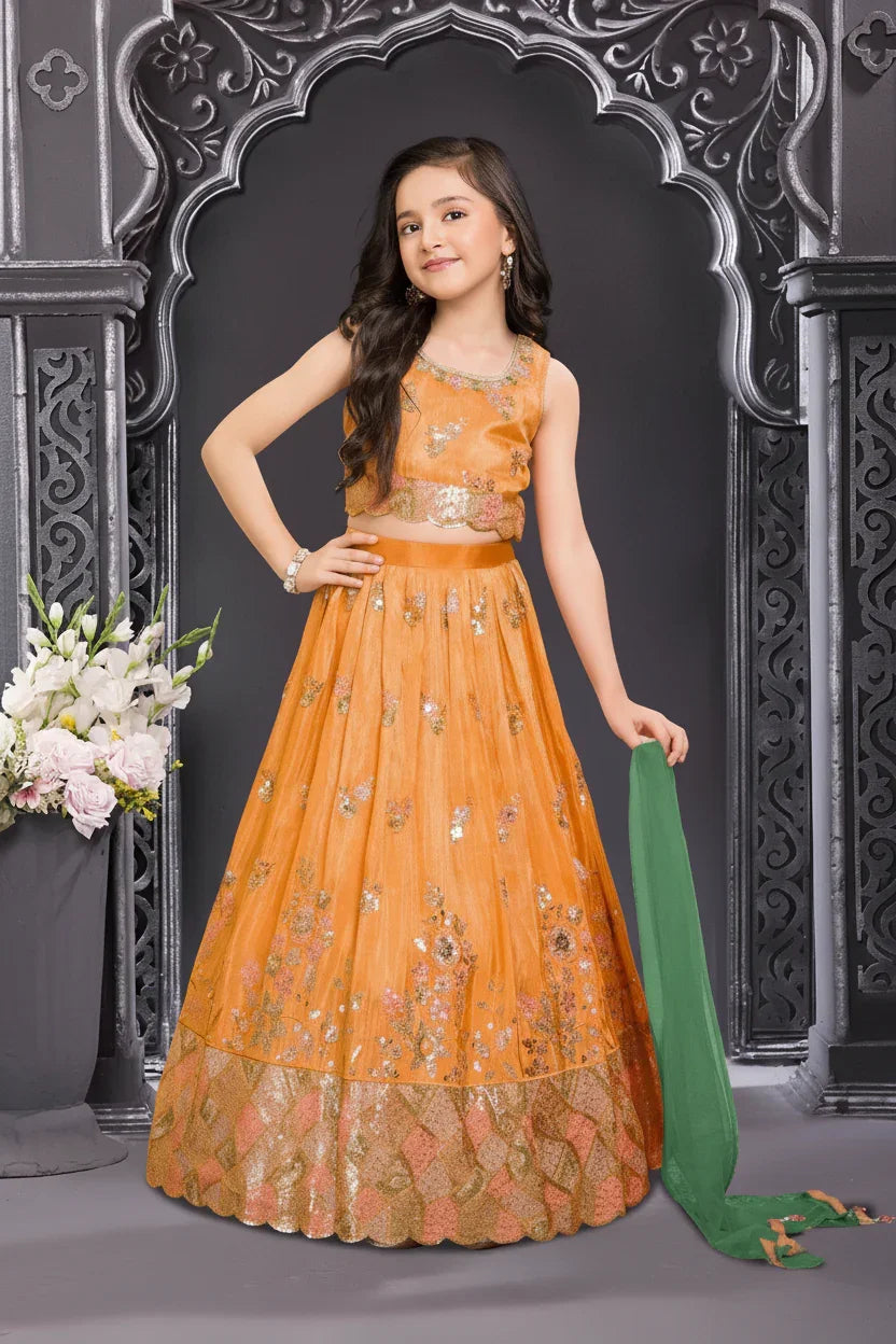 Orange Sequin Embroidered Lehenga Set for Girls | Mokshaa