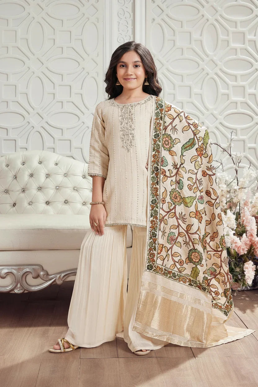 Cream Embroidered Kurta with Palazzo & Printed Dupatta | Mokshaa