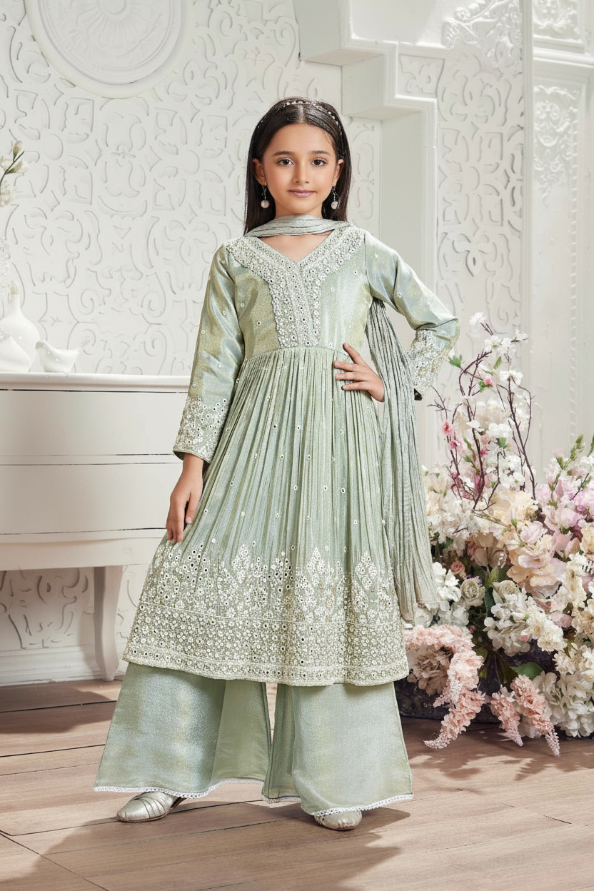 Pastel Green Mid-Length Anarkali Set with Mirror Embroidery