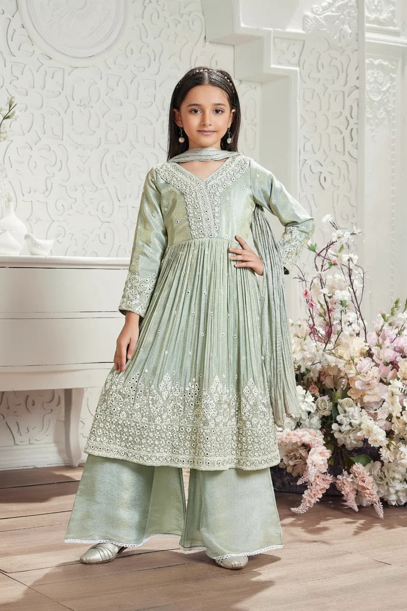 Pastel Green Mid-Length Anarkali Set with Mirror Embroidery | Mokshaa