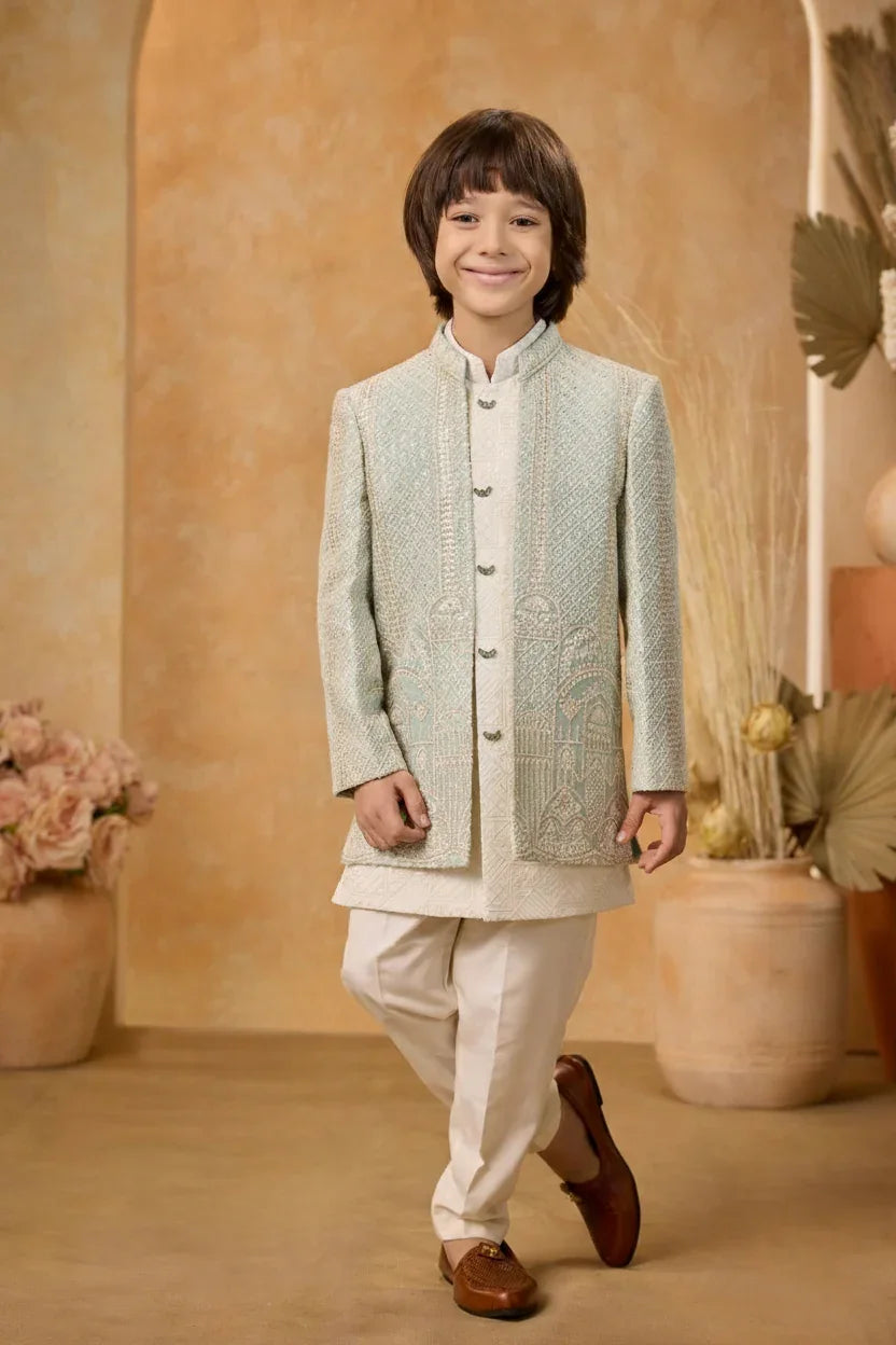 Light Mint Embroidered Jacket Set | Mokshaa