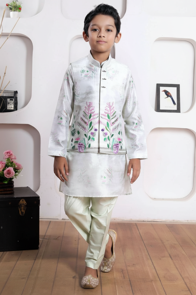 Mint Green Kurta Set with Pastel Embroidered Jacket