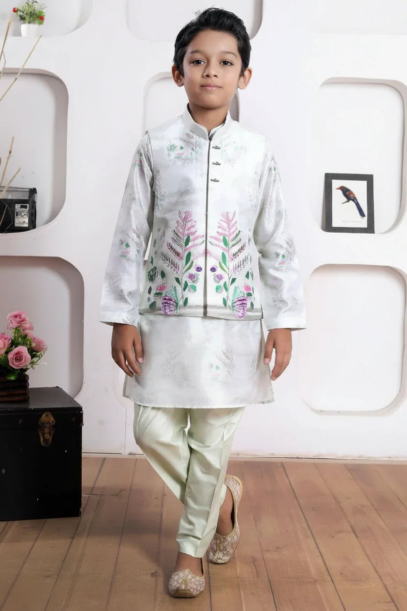 Mint Green Kurta Set with Pastel Embroidered Jacket | Mokshaa