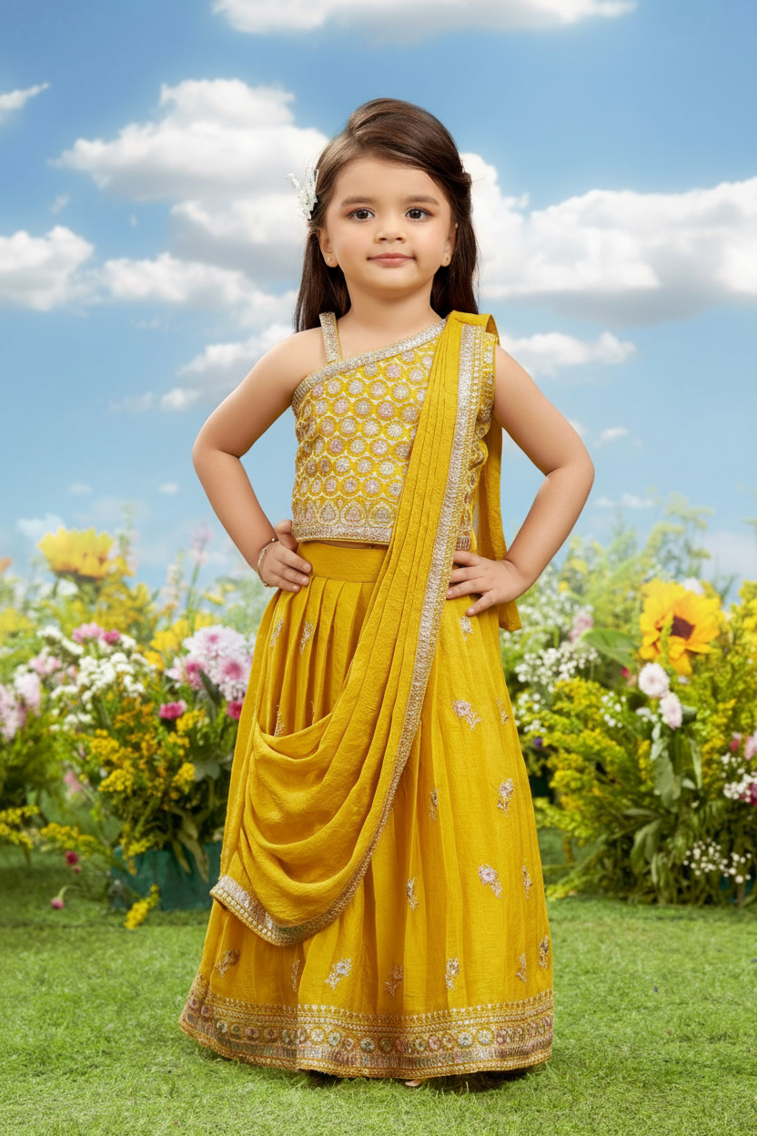 Mustard Yellow Embroidered Lehenga Set for Girls
