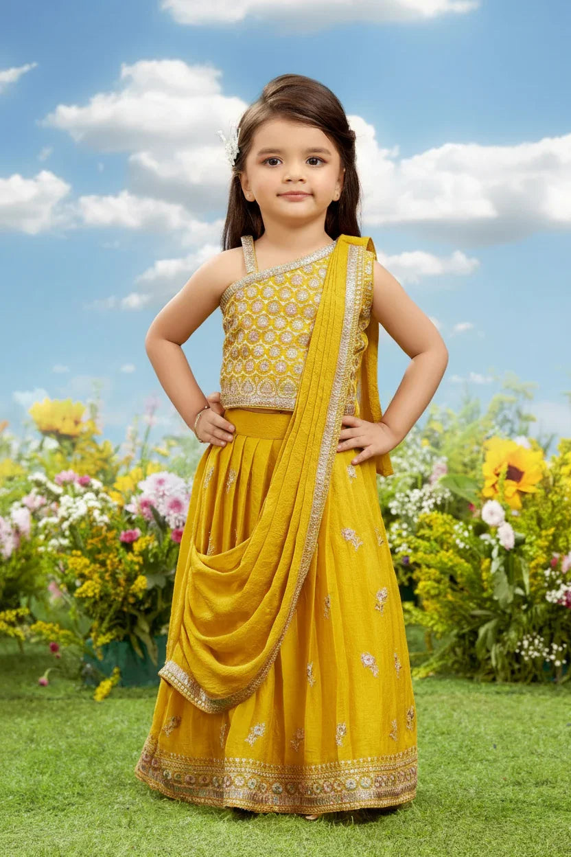 Mustard Yellow Embroidered Lehenga Set for Girls | Mokshaa